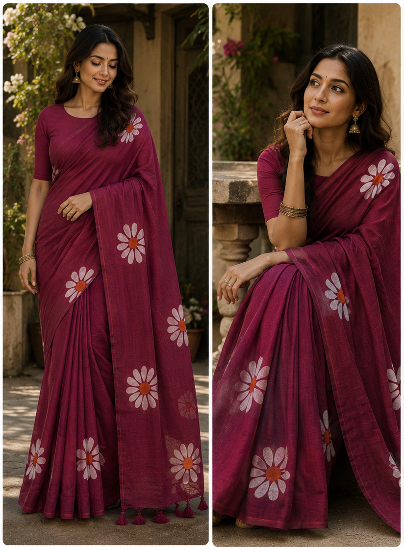 Wine Purple Floral Printed Cotton Saree