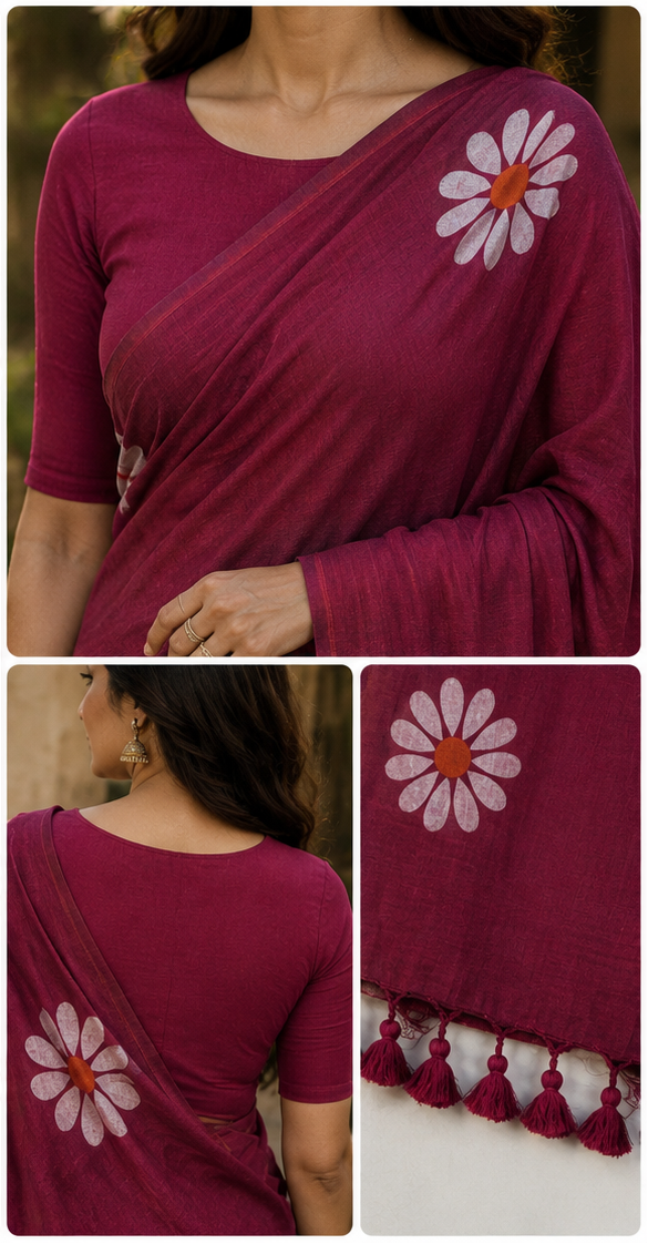 Wine Purple Floral Printed Cotton Saree