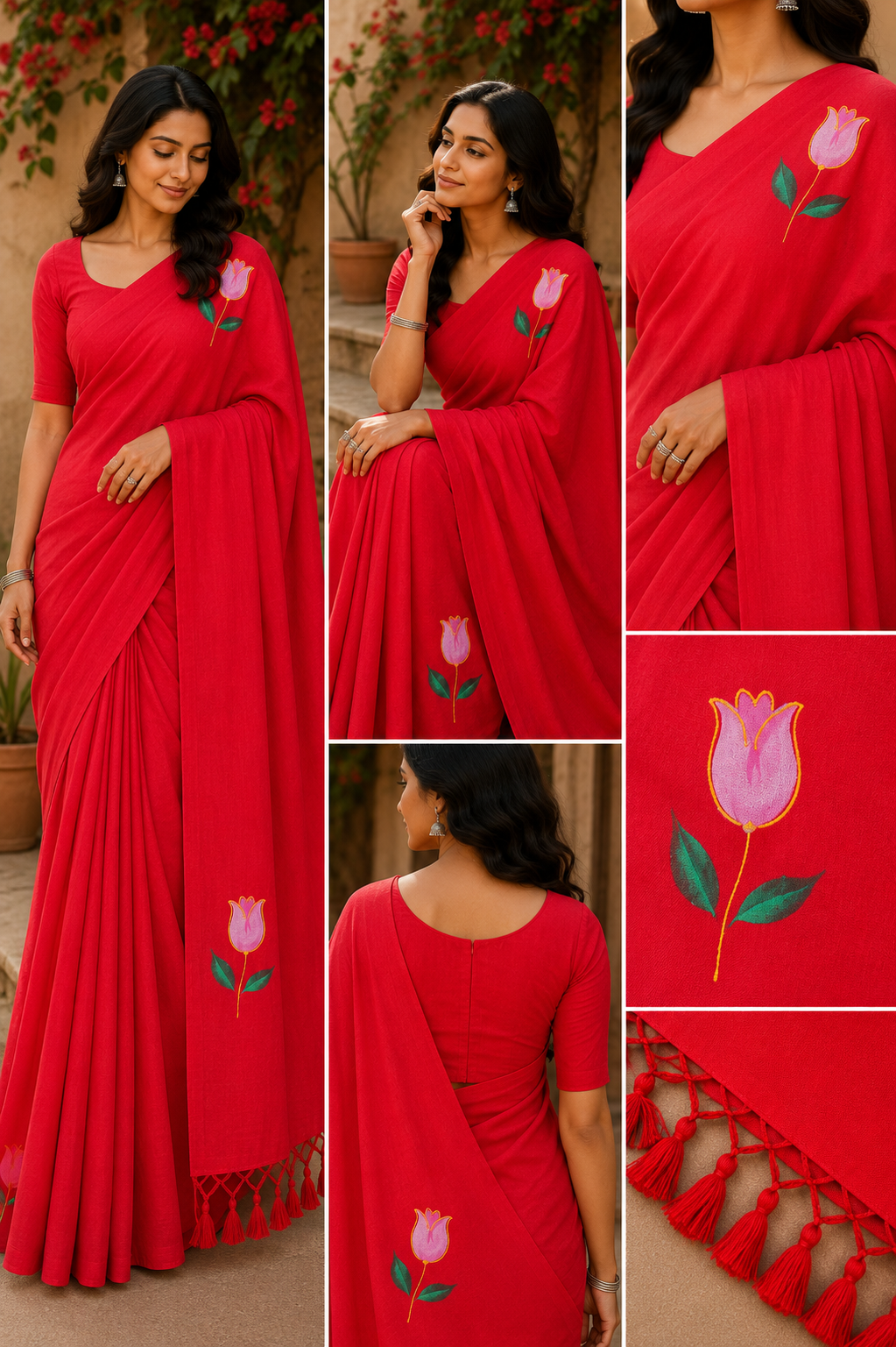 Red Bloom Hand-Painted Cotton Saree with Tassel Pallu