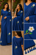 Royal Blue Floral Embroidered Cotton Saree with Tassel Pallu