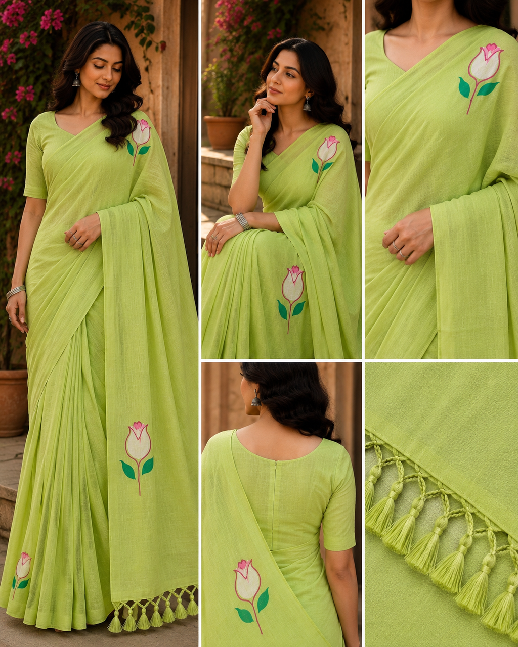 Graceful Pistachio Green Floral Cotton Saree with Tassel Detailing