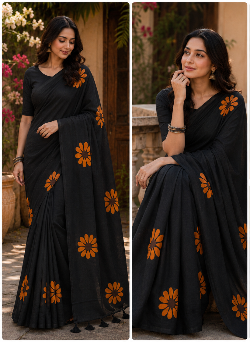 Elegant Black Floral Printed Saree