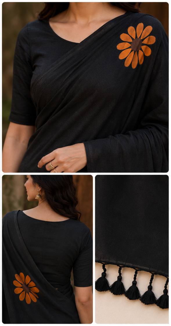 Elegant Black Floral Printed Saree