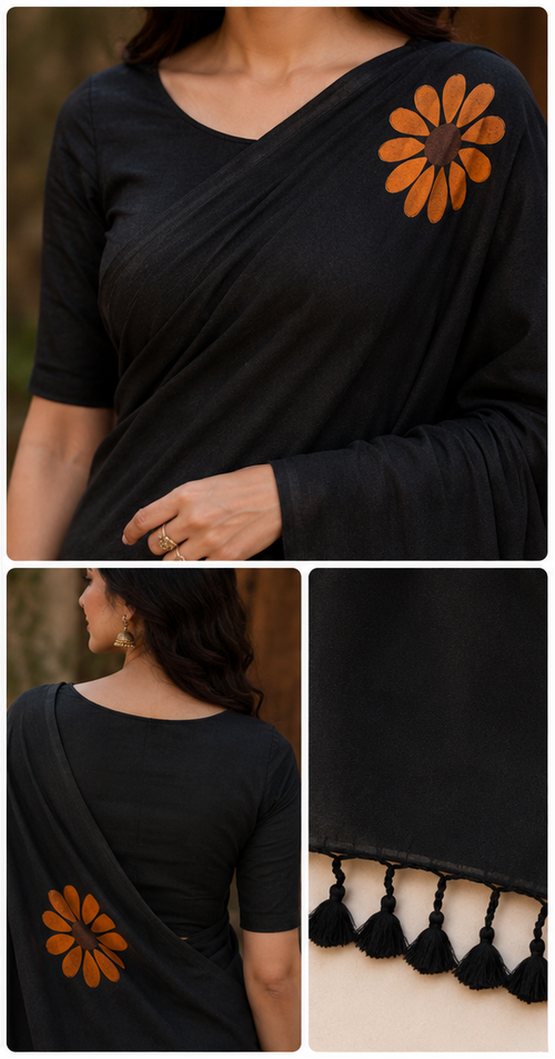 Elegant Black Floral Printed Saree