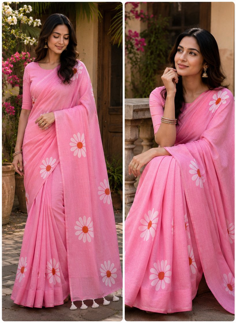 Baby Pink Floral Printed Cotton Saree