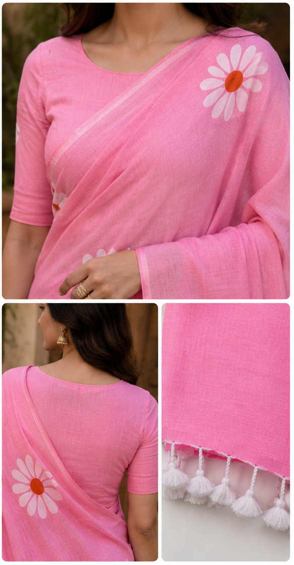 Baby Pink Floral Printed Cotton Saree