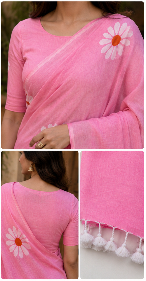 Baby Pink Floral Printed Cotton Saree