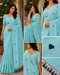 Sky Blue Heart Embroidered Cotton Saree with Designer Tassels