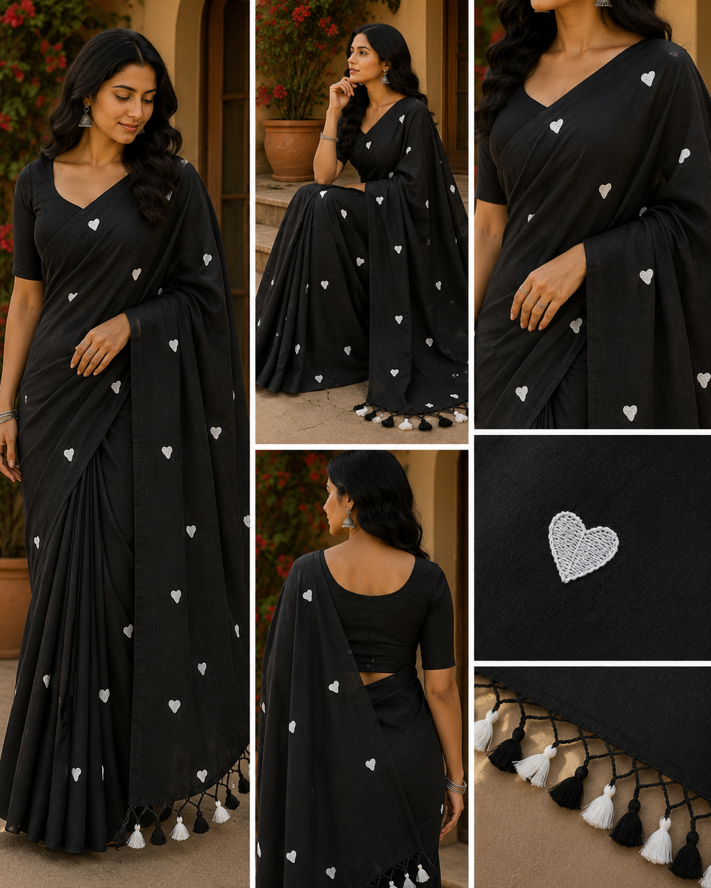 Black Cotton Saree with White Heart