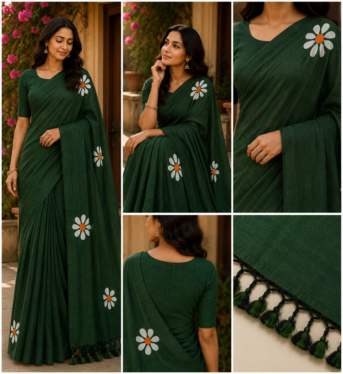 Dark Green Floral Printed Cotton Saree with Tassel Pallu