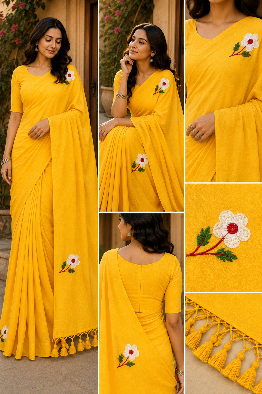 Sunshine Yellow Floral Embroidered Cotton Saree with Tassel Pallu