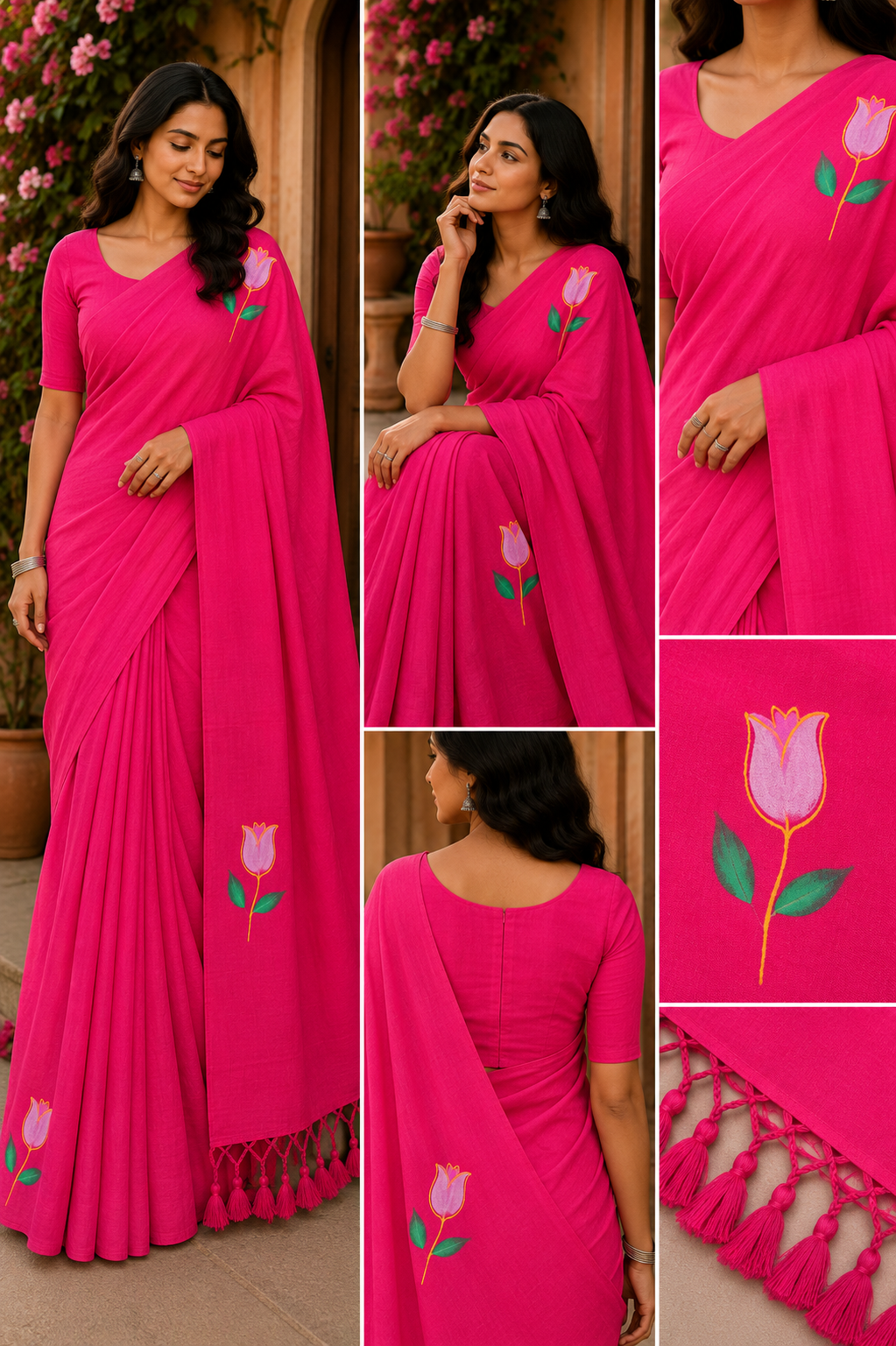 Rani Pink Floral Cotton Saree with Handmade Tassel Pallu