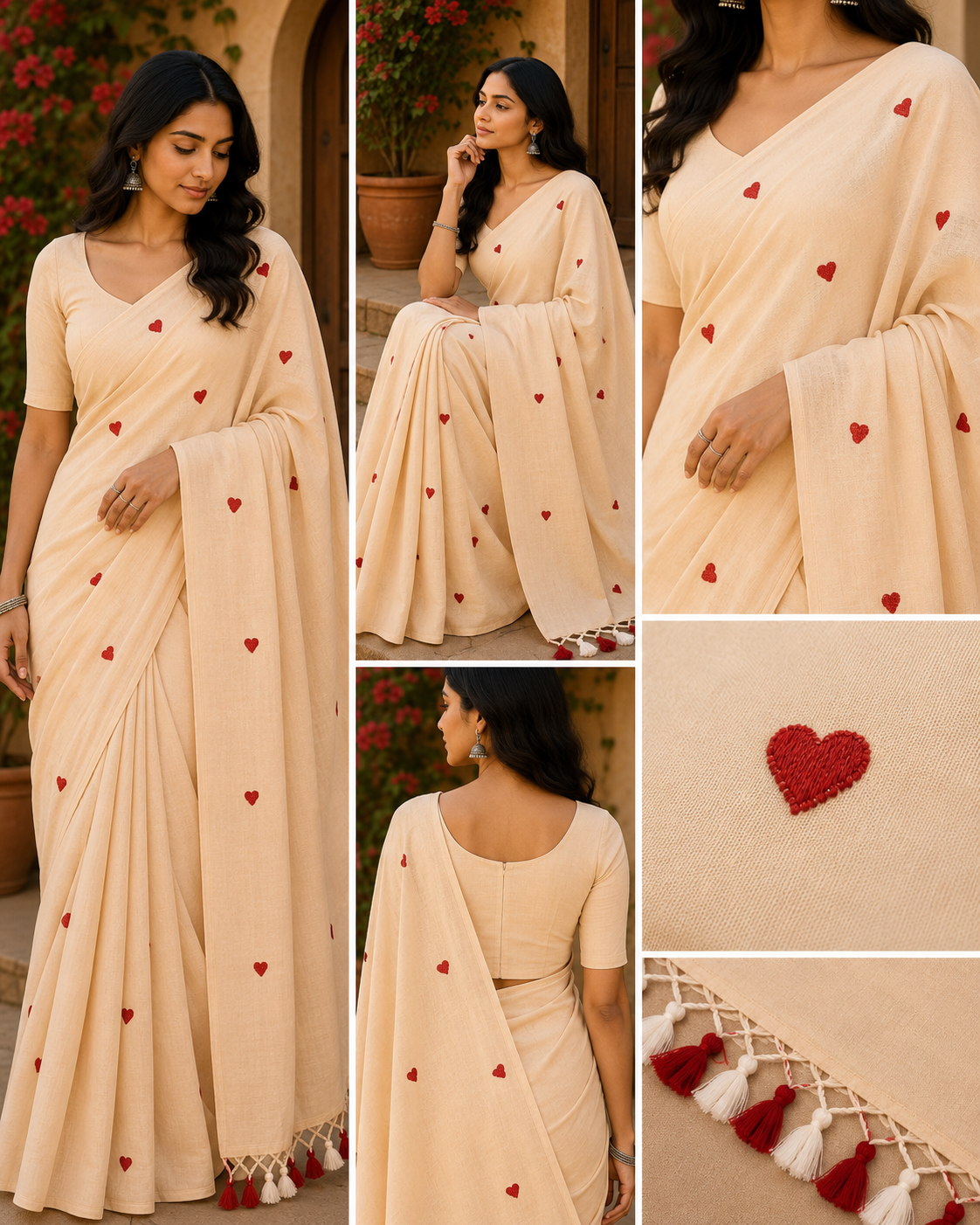 Beige Heart Embroidered Saree