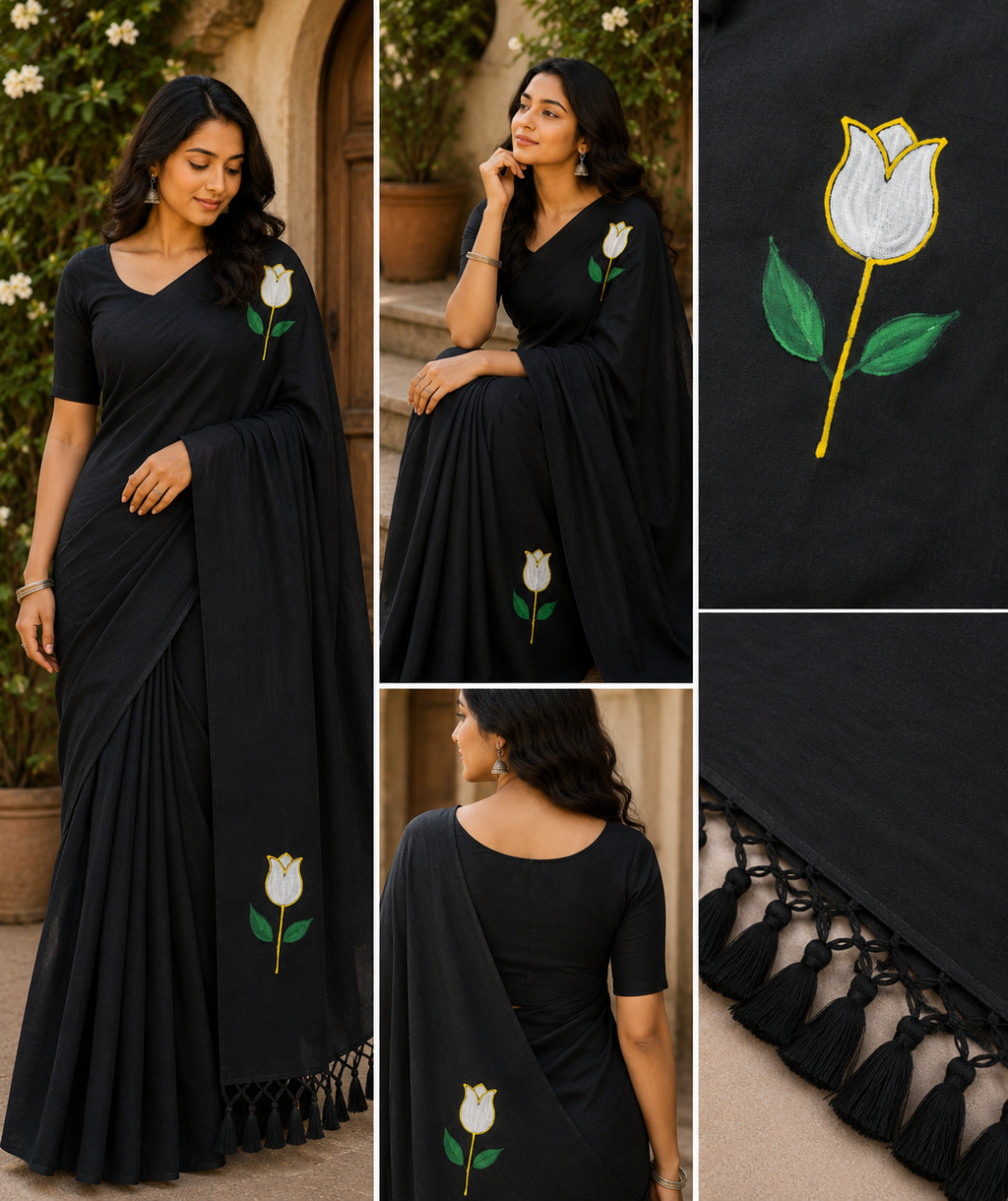 Midnight Black Floral Cotton Saree with Designer Tassels