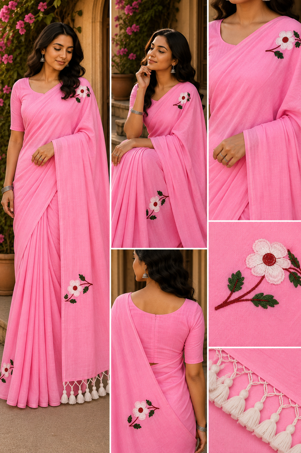 Pink Blossom Embroidered Cotton Saree with Tassel Pallu