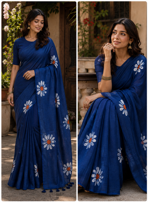 blue saree with floral patterns.