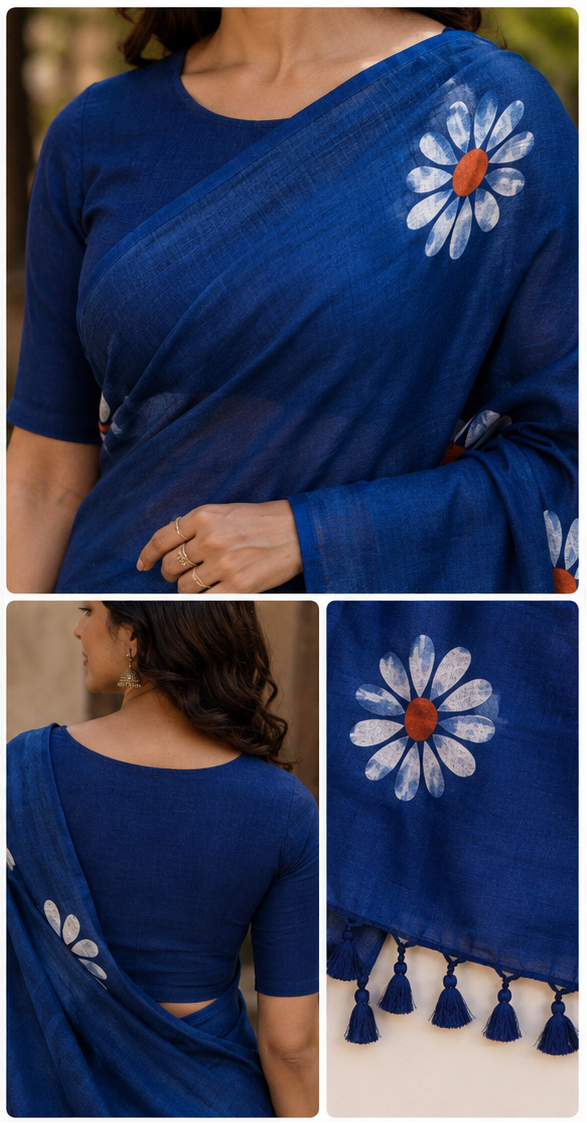 blue saree with floral patterns.