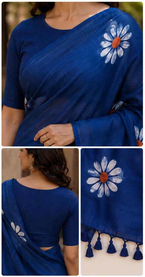 blue saree with floral patterns.