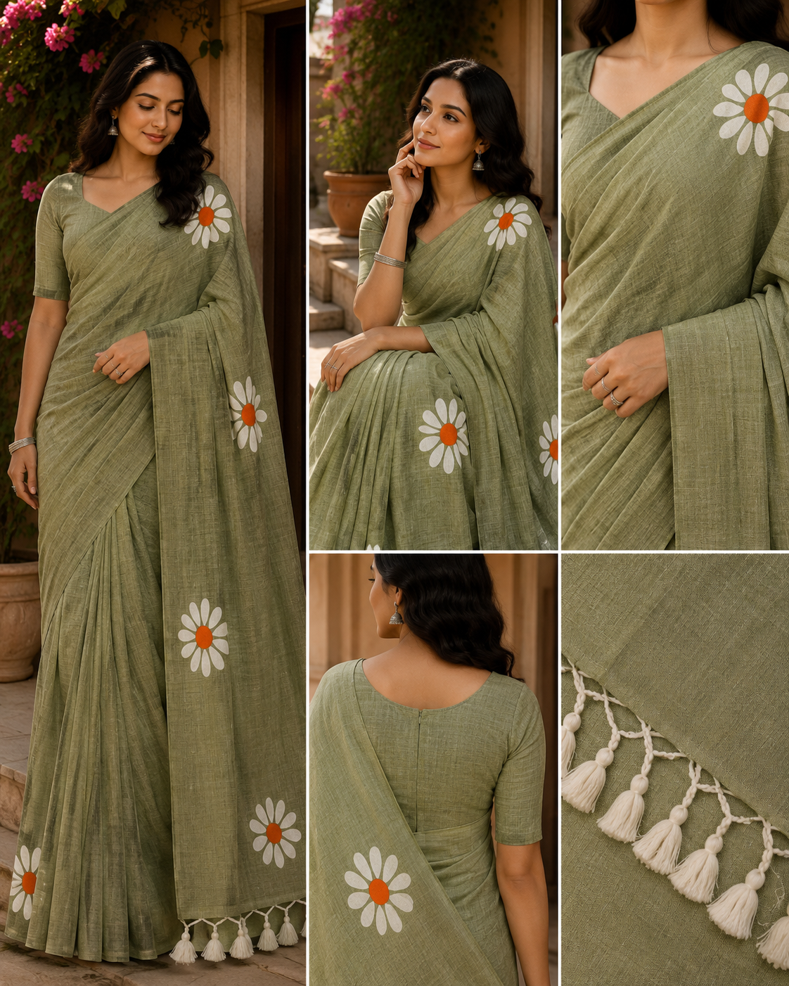 Elegant Sage Green Floral Cotton Saree with Tassel Border