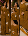 Mustard Brown Floral Printed Cotton Saree with Tassel Pallu
