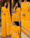 Sunshine Yellow Floral Printed Cotton Saree with Tassel Pallu