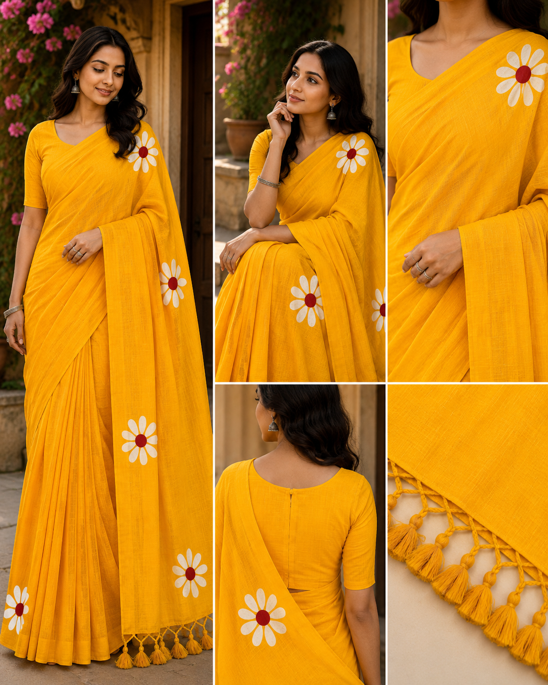 Sunshine Yellow Floral Printed Cotton Saree with Tassel Pallu