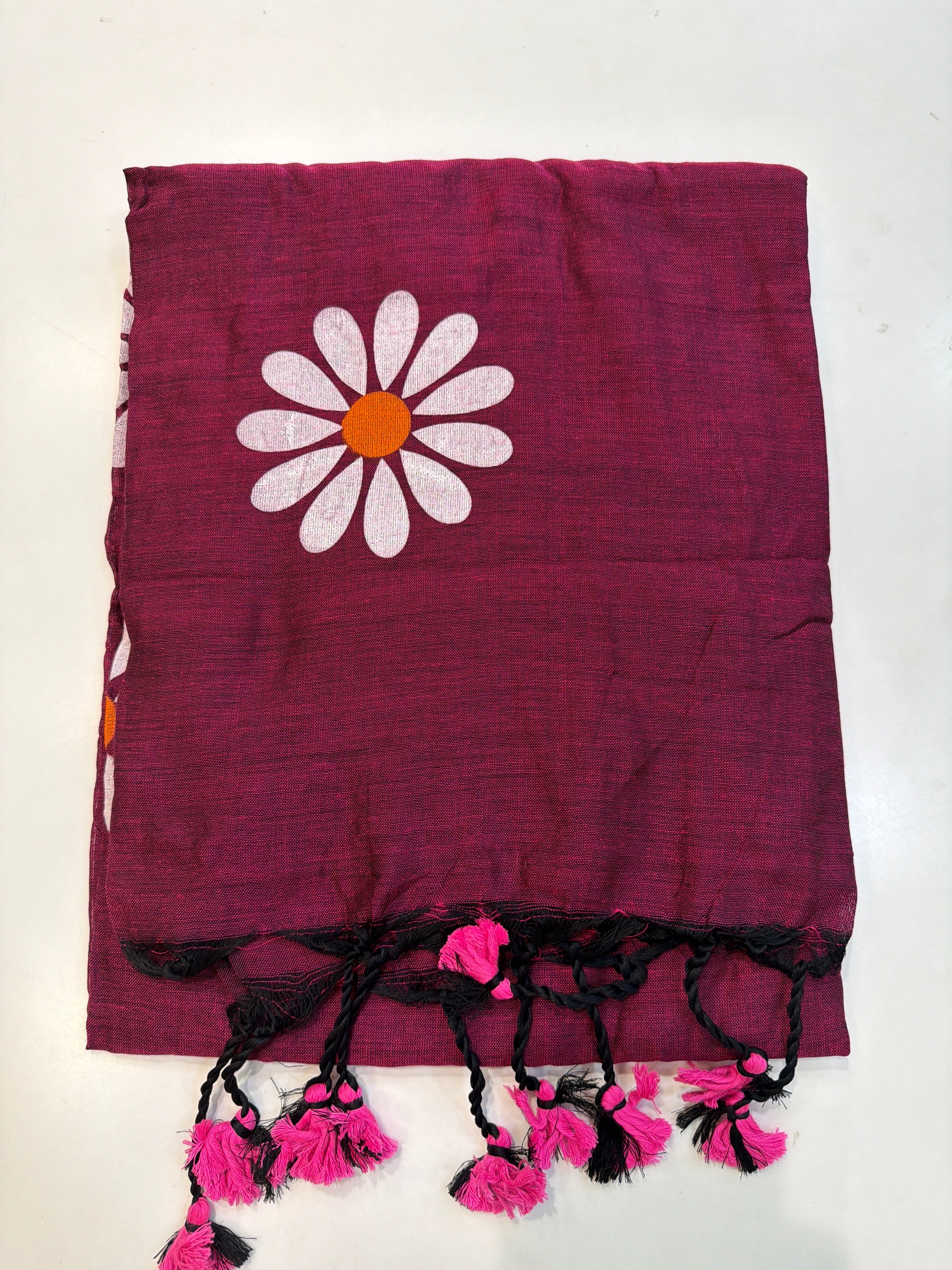 Wine Purple Floral Printed Cotton Saree