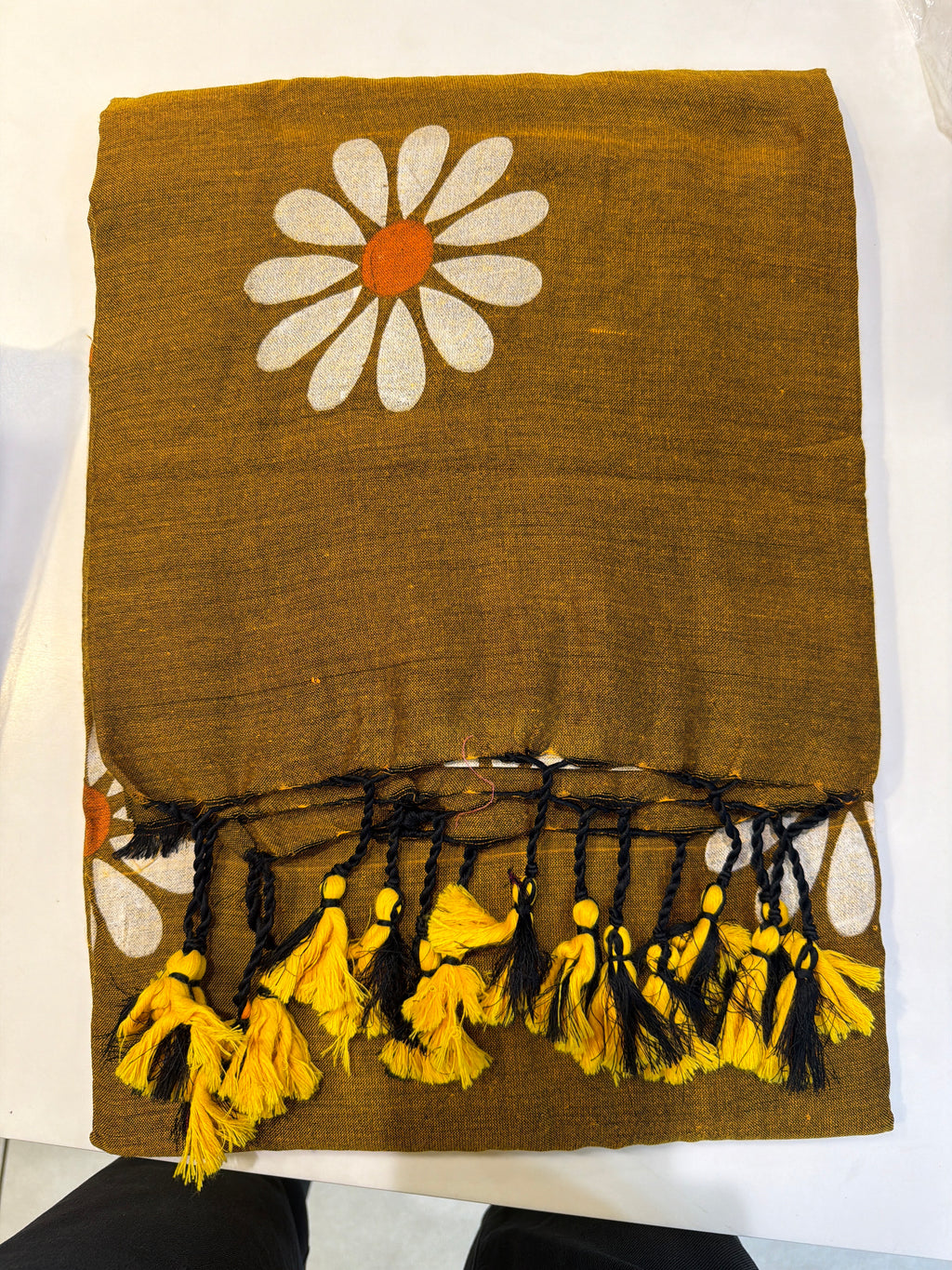Mustard Brown Floral Printed Cotton Saree with Tassel Pallu