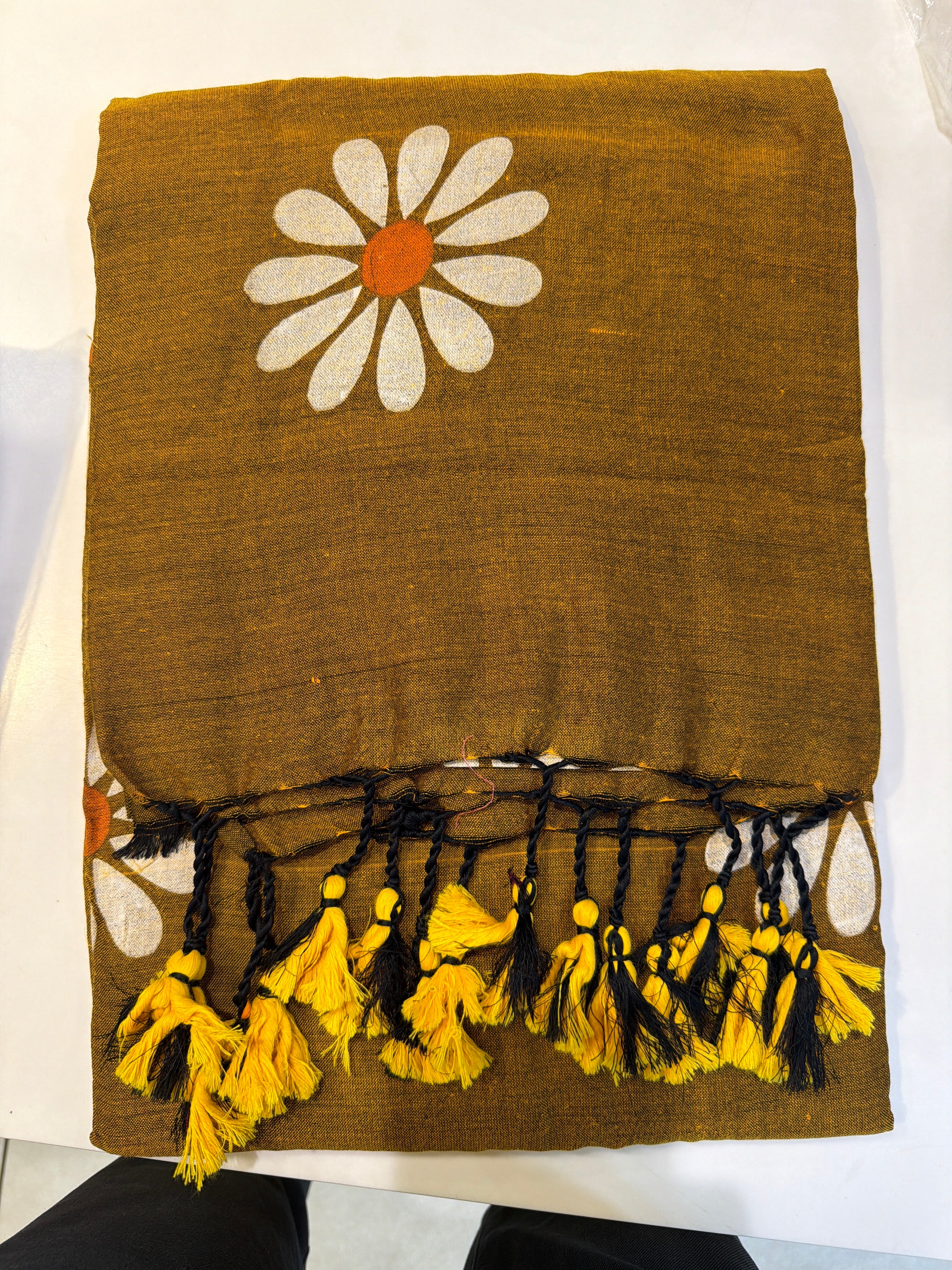 Mustard Brown Floral Printed Cotton Saree with Tassel Pallu