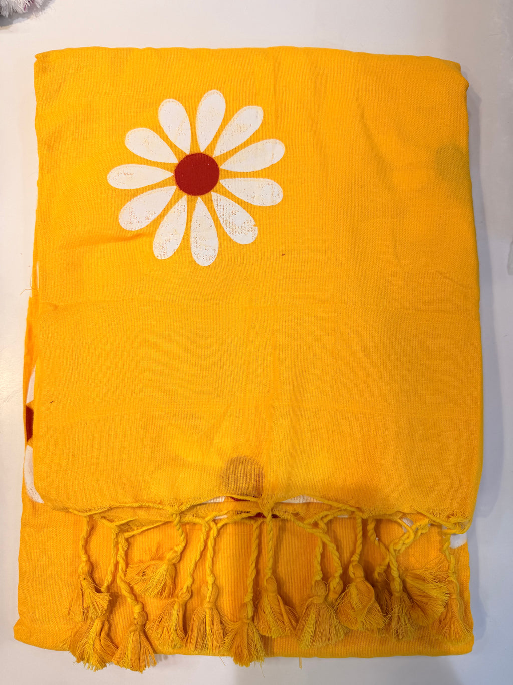 Sunshine Yellow Floral Printed Cotton Saree with Tassel Pallu