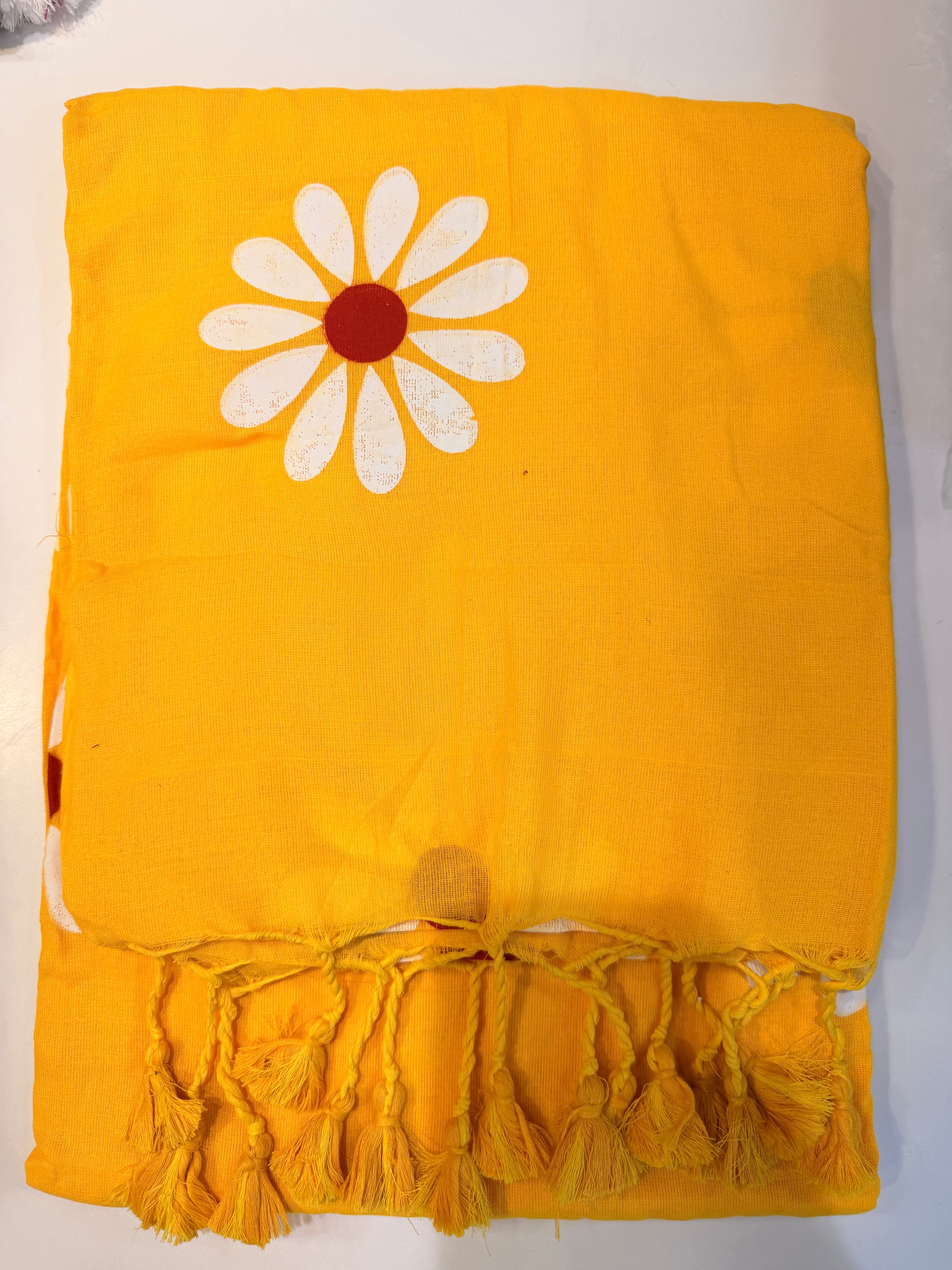Sunshine Yellow Floral Printed Cotton Saree with Tassel Pallu