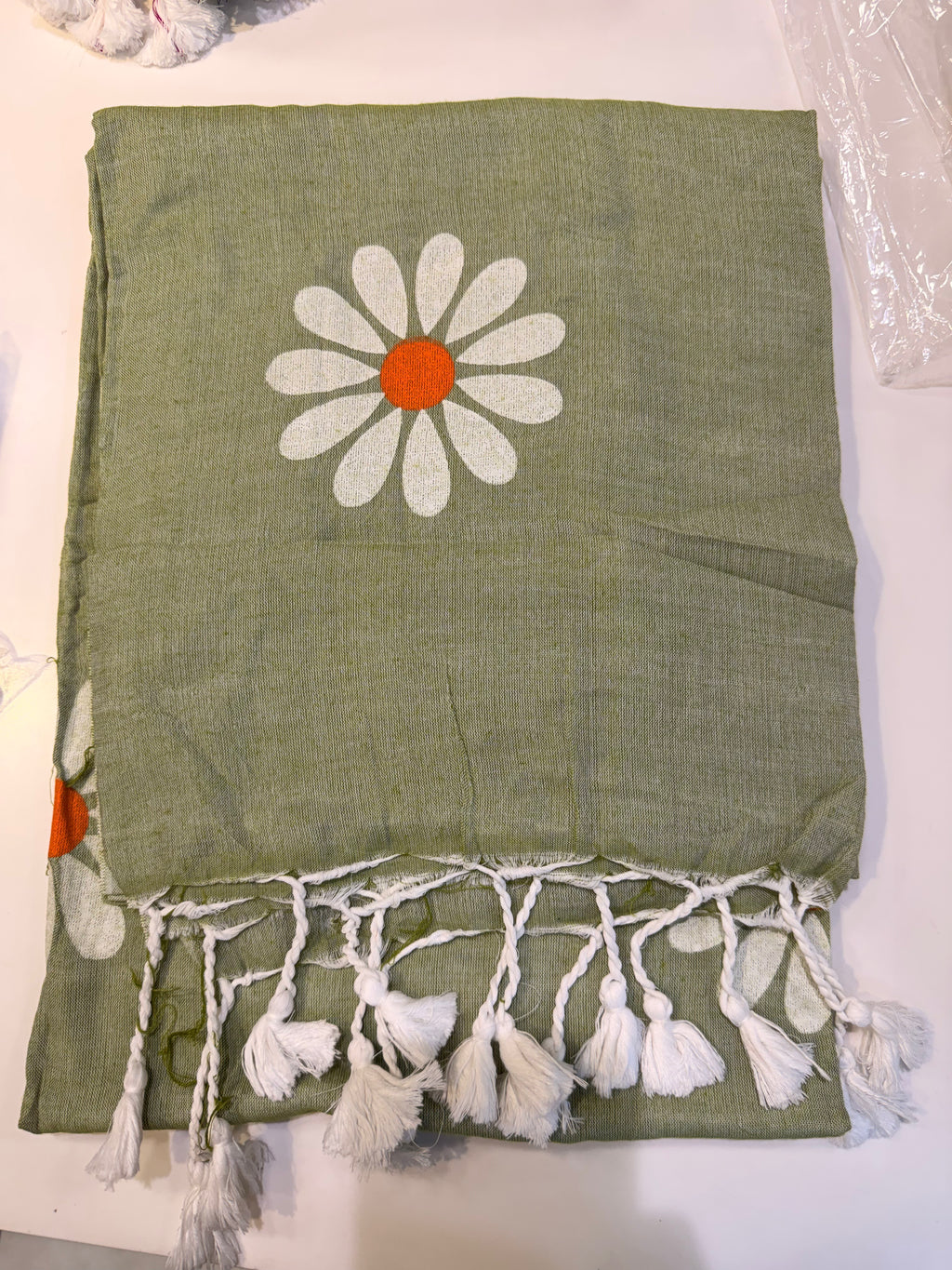 Elegant Sage Green Floral Cotton Saree with Tassel Border