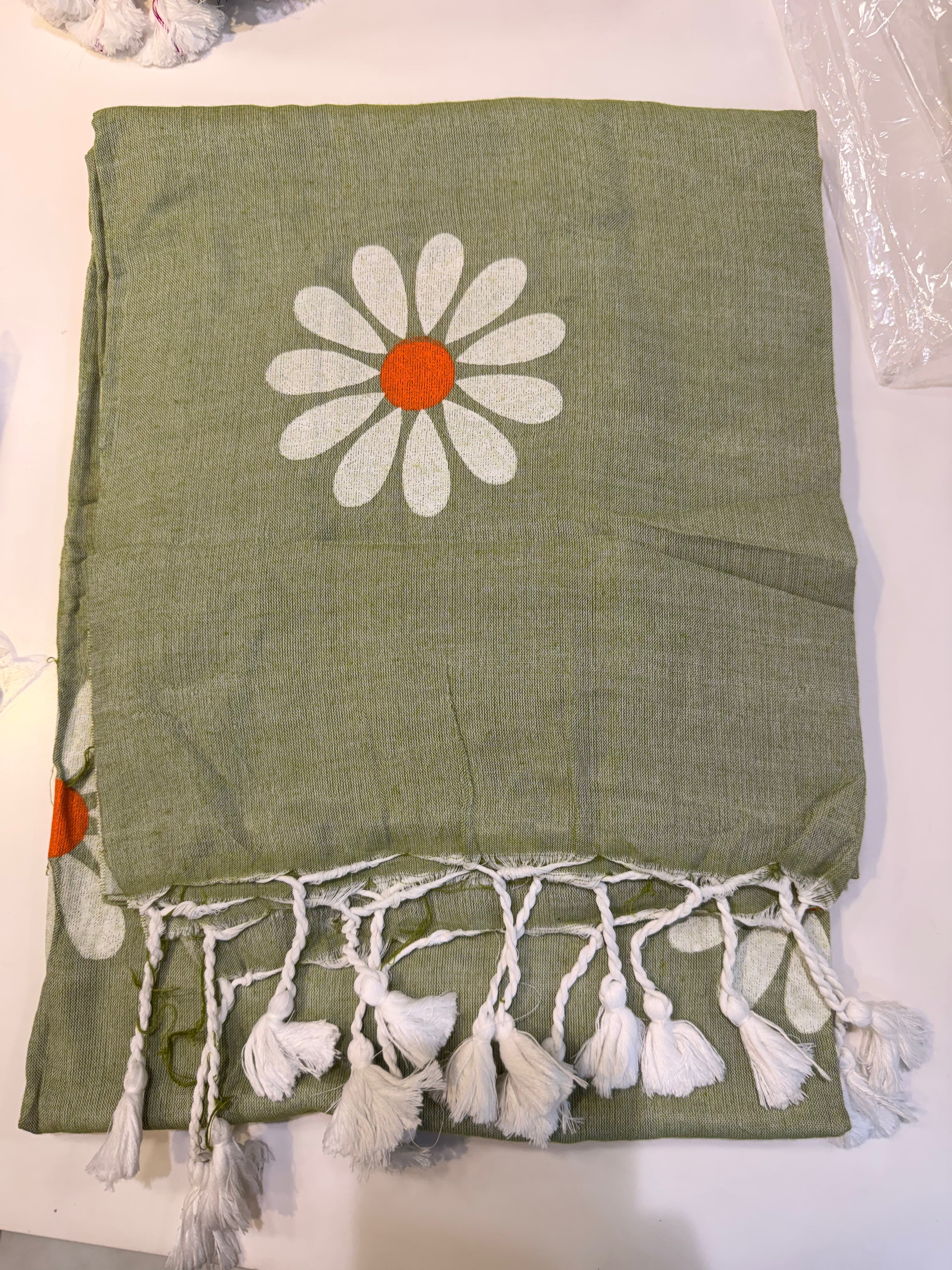 Elegant Sage Green Floral Cotton Saree with Tassel Border