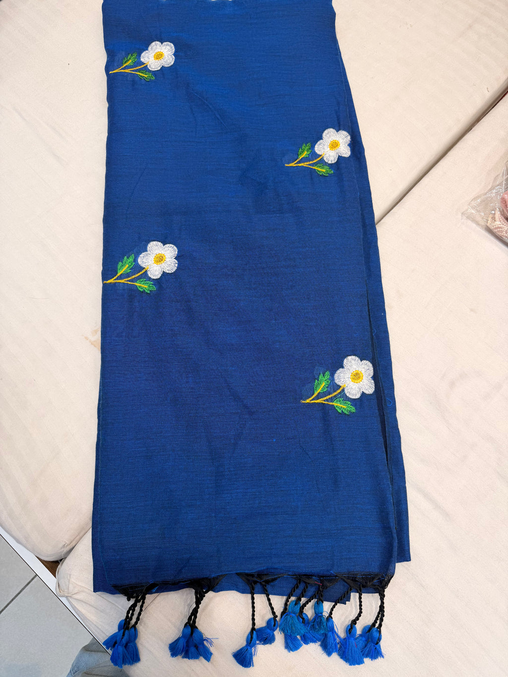 Royal Blue Floral Embroidered Cotton Saree with Tassel Pallu