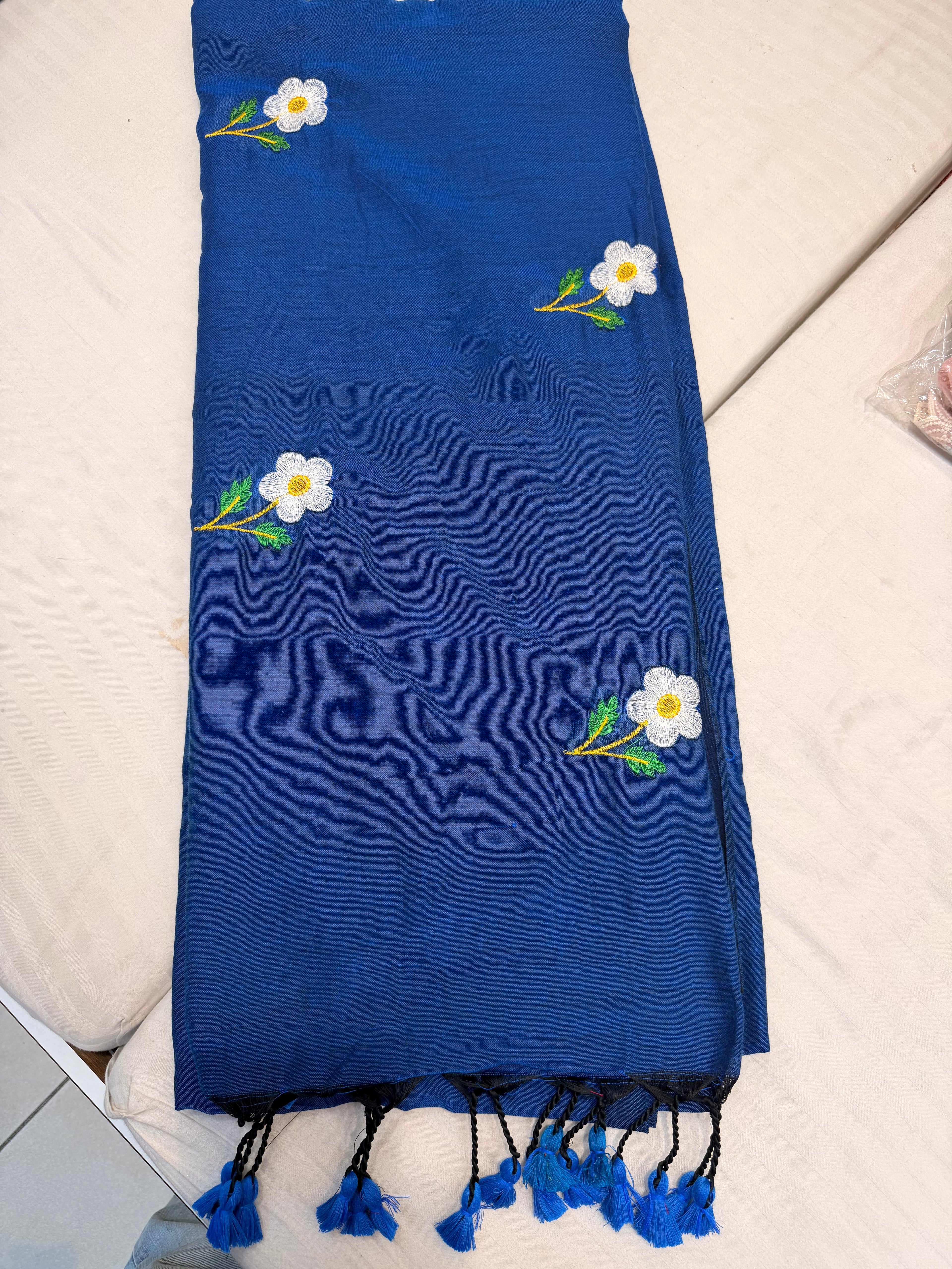 Royal Blue Floral Embroidered Cotton Saree with Tassel Pallu