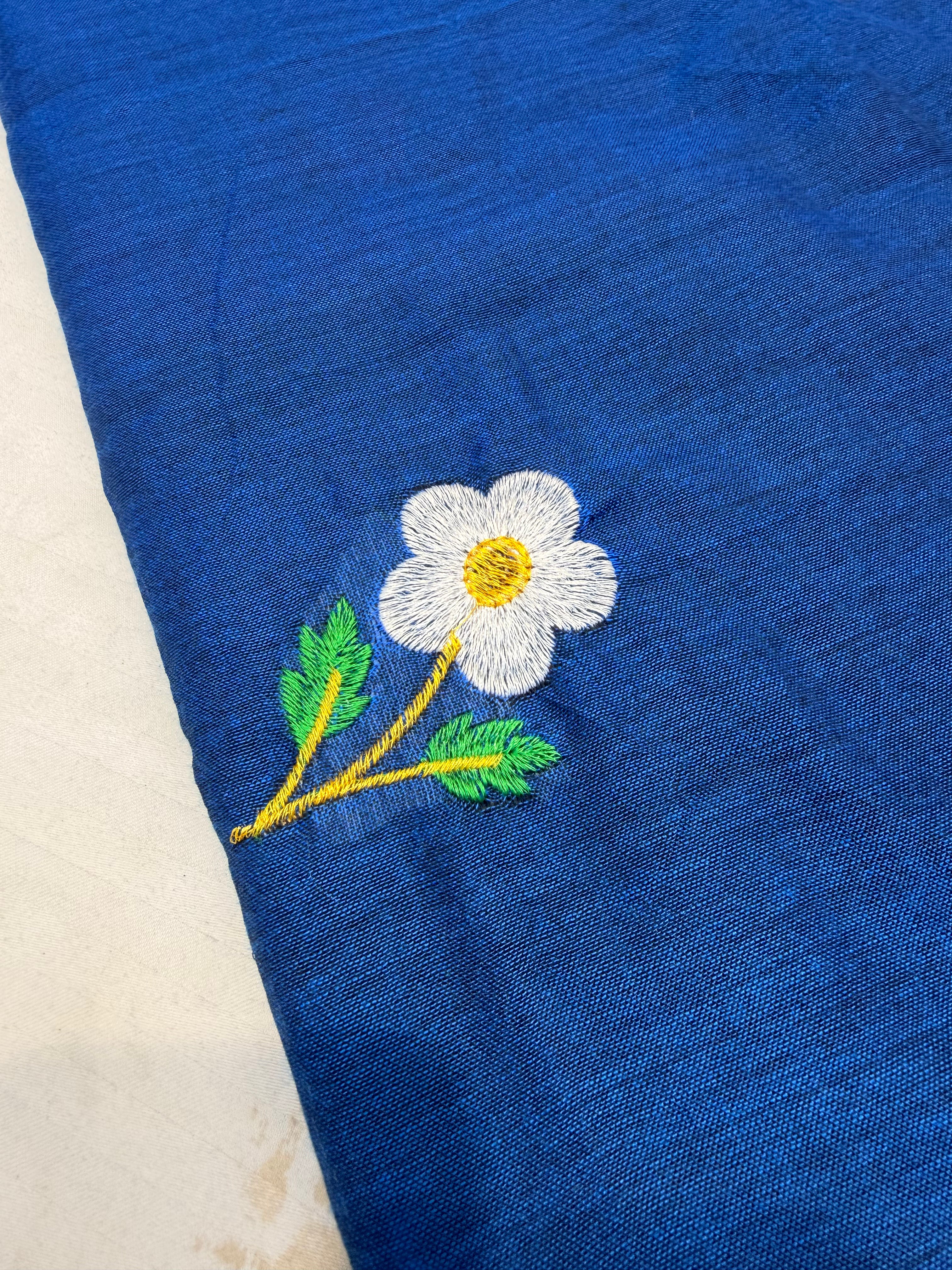 Royal Blue Floral Embroidered Cotton Saree with Tassel Pallu