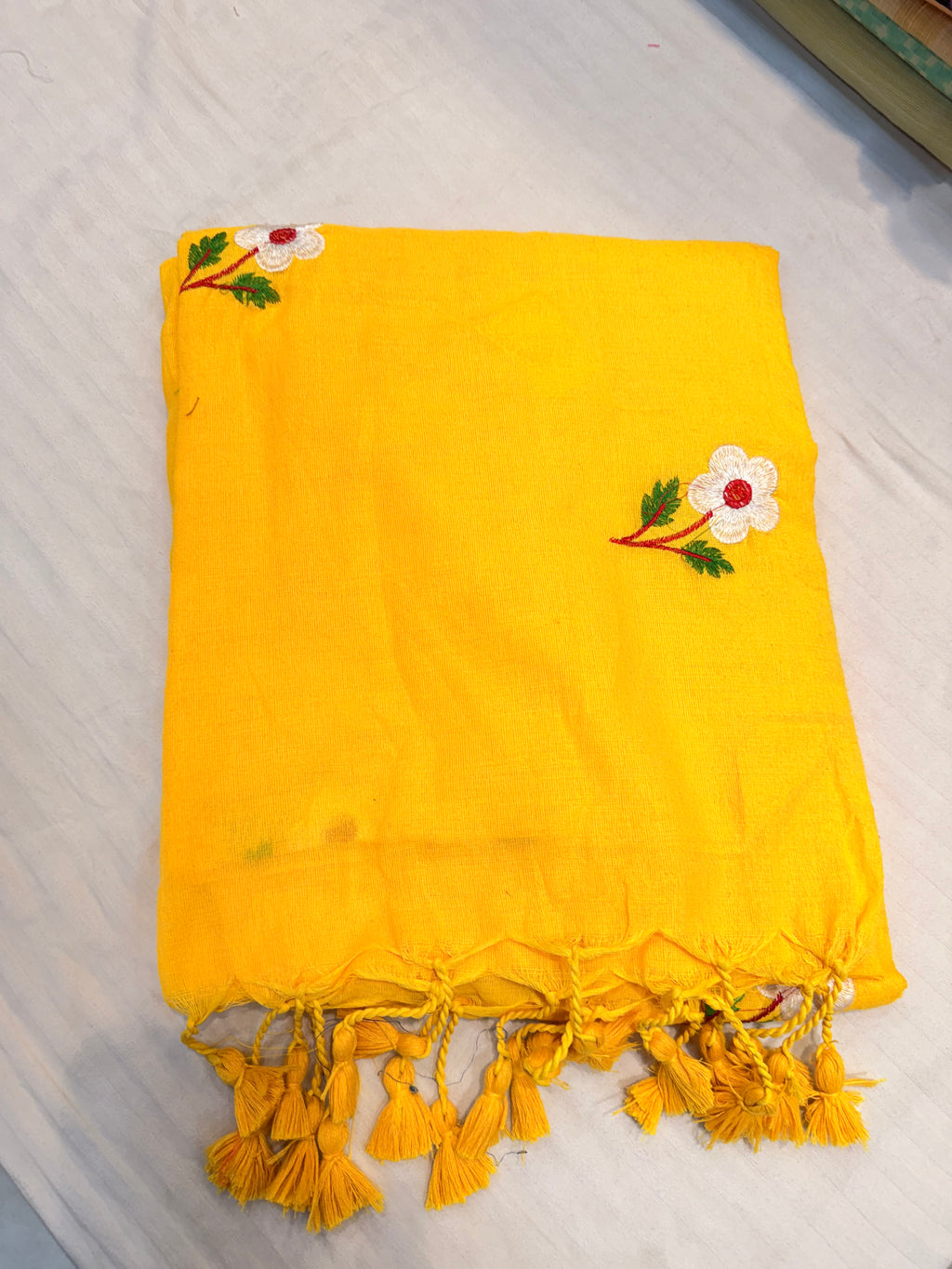 Sunshine Yellow Floral Embroidered Cotton Saree with Tassel Pallu