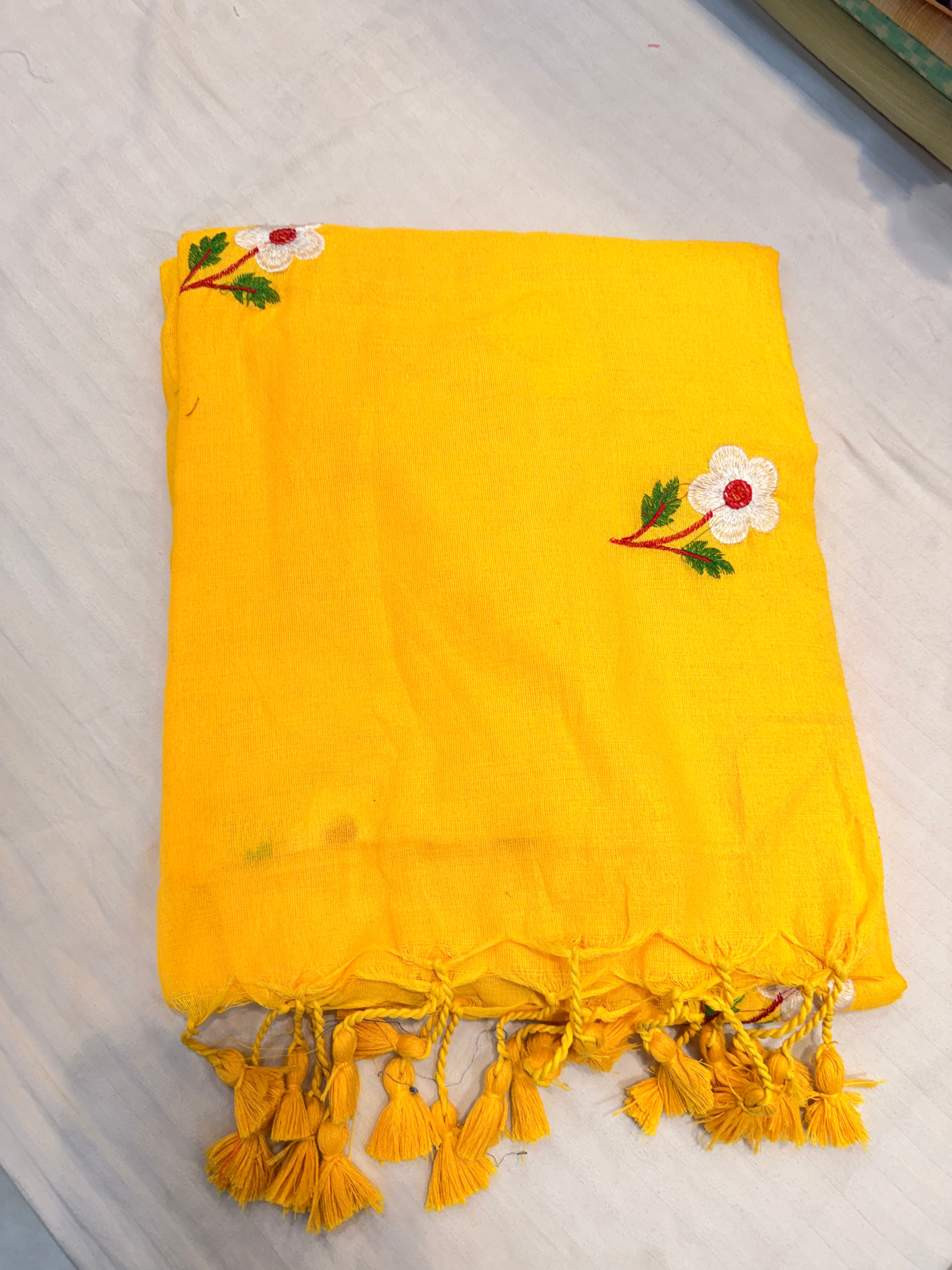 Sunshine Yellow Floral Embroidered Cotton Saree with Tassel Pallu