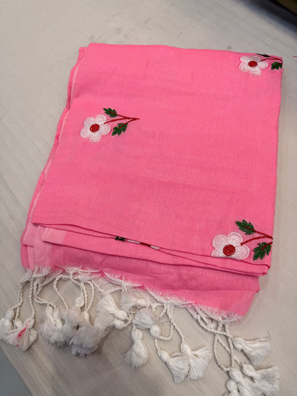 Pink Blossom Embroidered Cotton Saree with Tassel Pallu