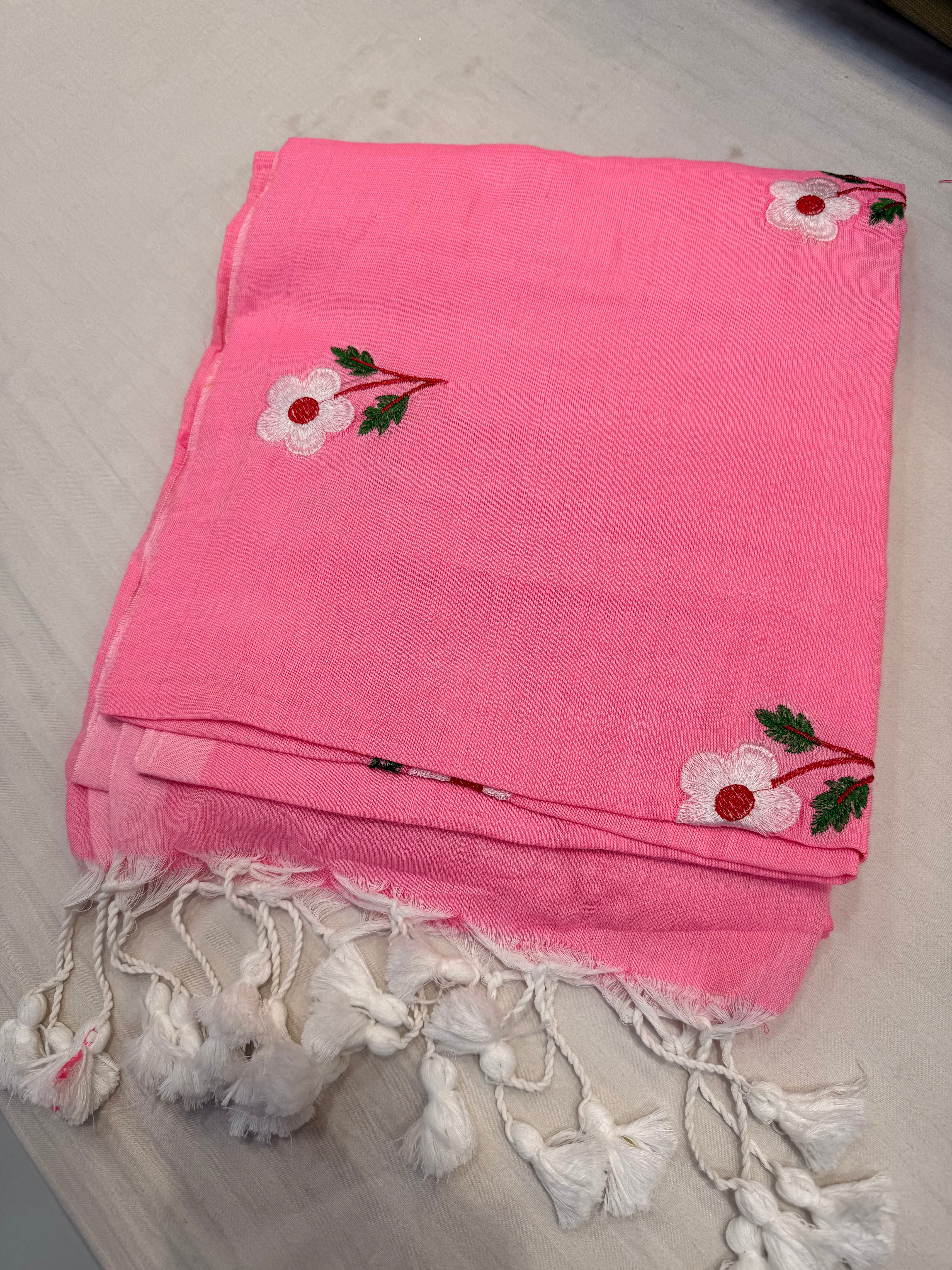 Pink Blossom Embroidered Cotton Saree with Tassel Pallu