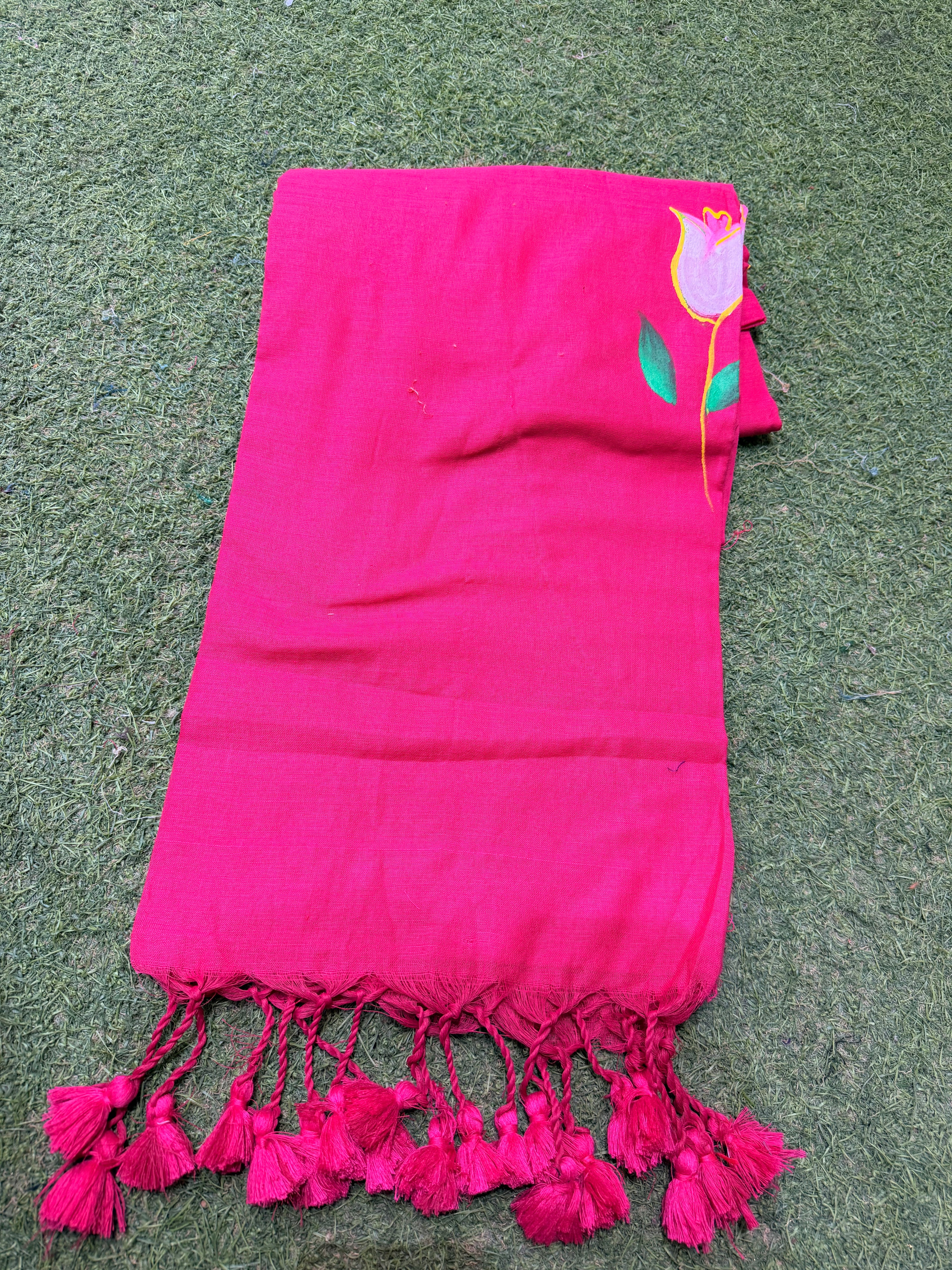 Rani Pink Floral Cotton Saree with Handmade Tassel Pallu