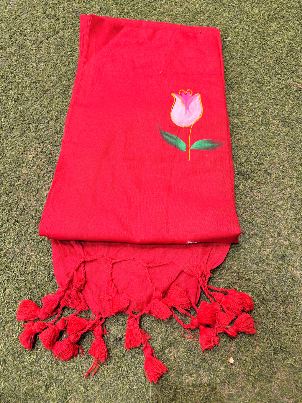 Red Bloom Hand-Painted Cotton Saree with Tassel Pallu