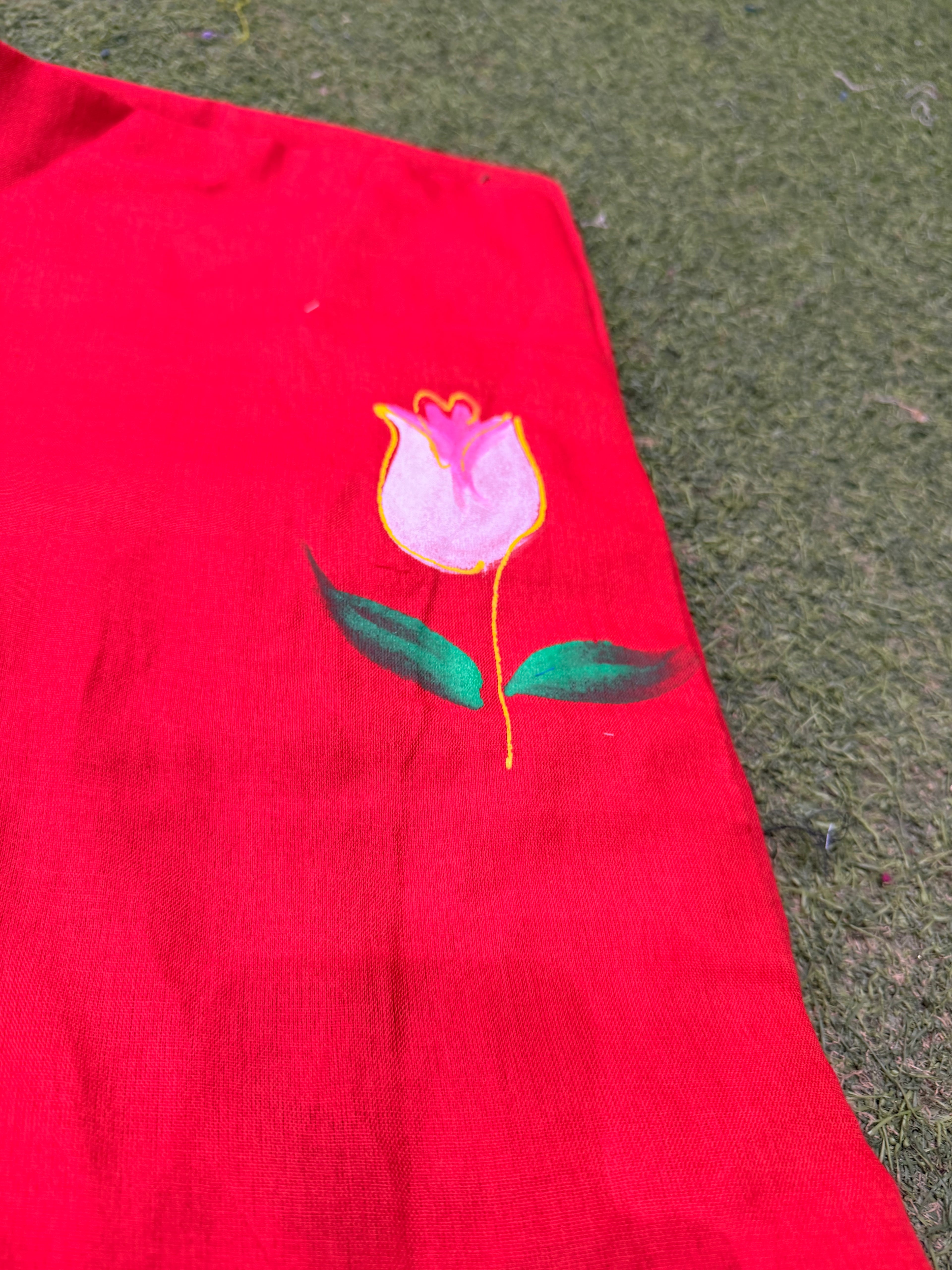 Red Bloom Hand-Painted Cotton Saree with Tassel Pallu