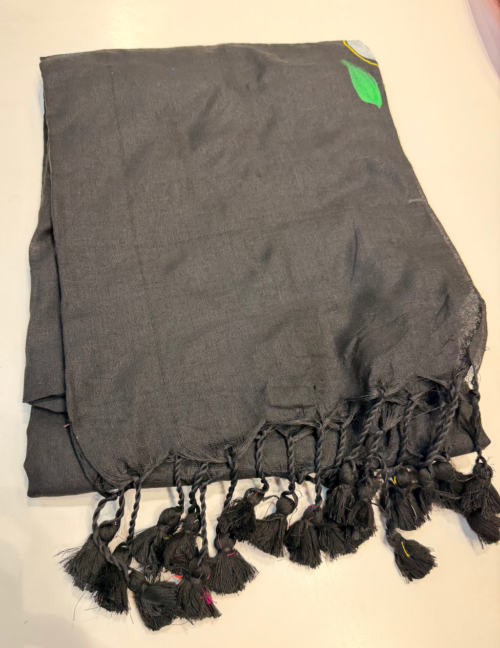 Midnight Black Floral Cotton Saree with Designer Tassels