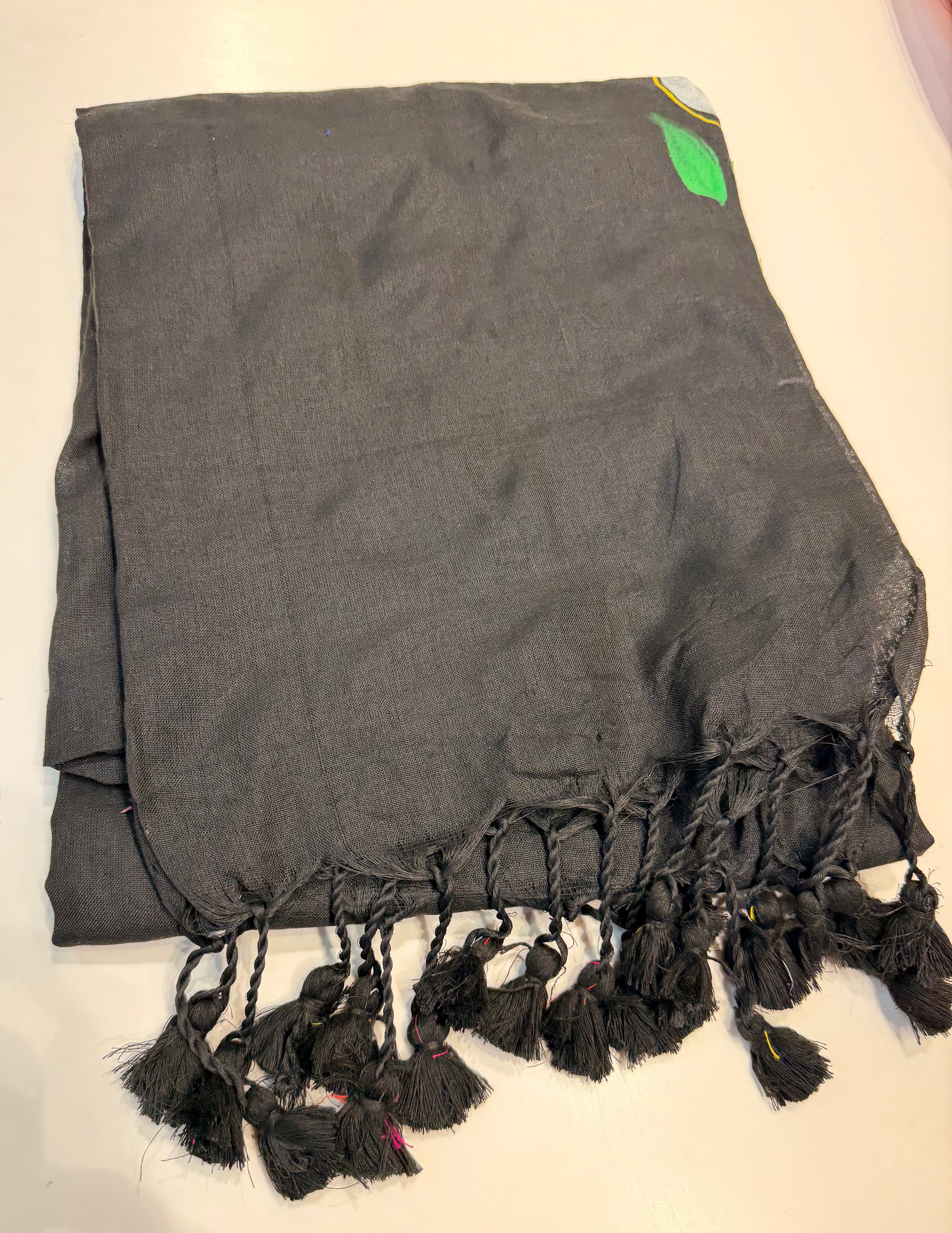 Midnight Black Floral Cotton Saree with Designer Tassels