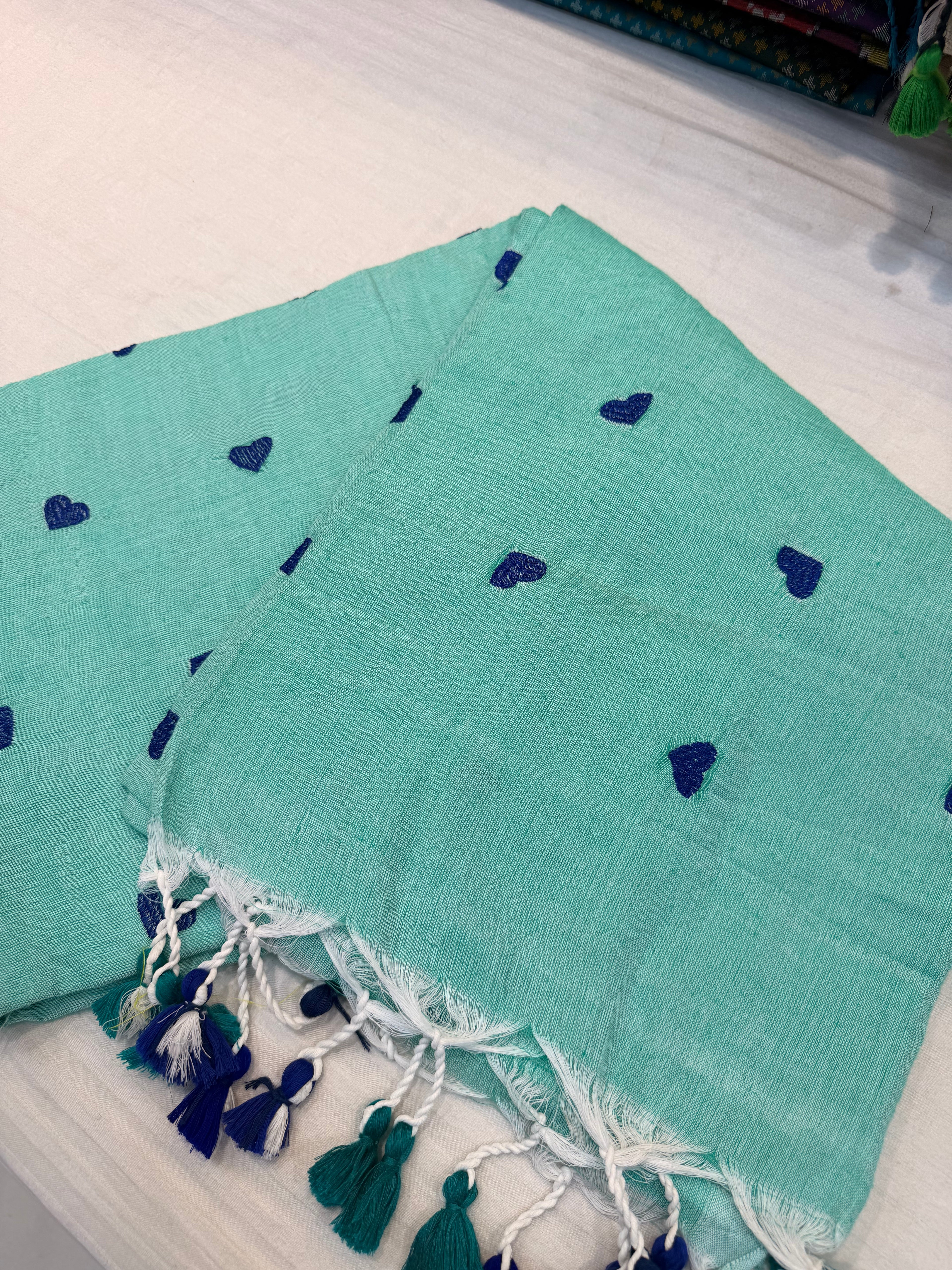Sky Blue Heart Embroidered Cotton Saree with Designer Tassels