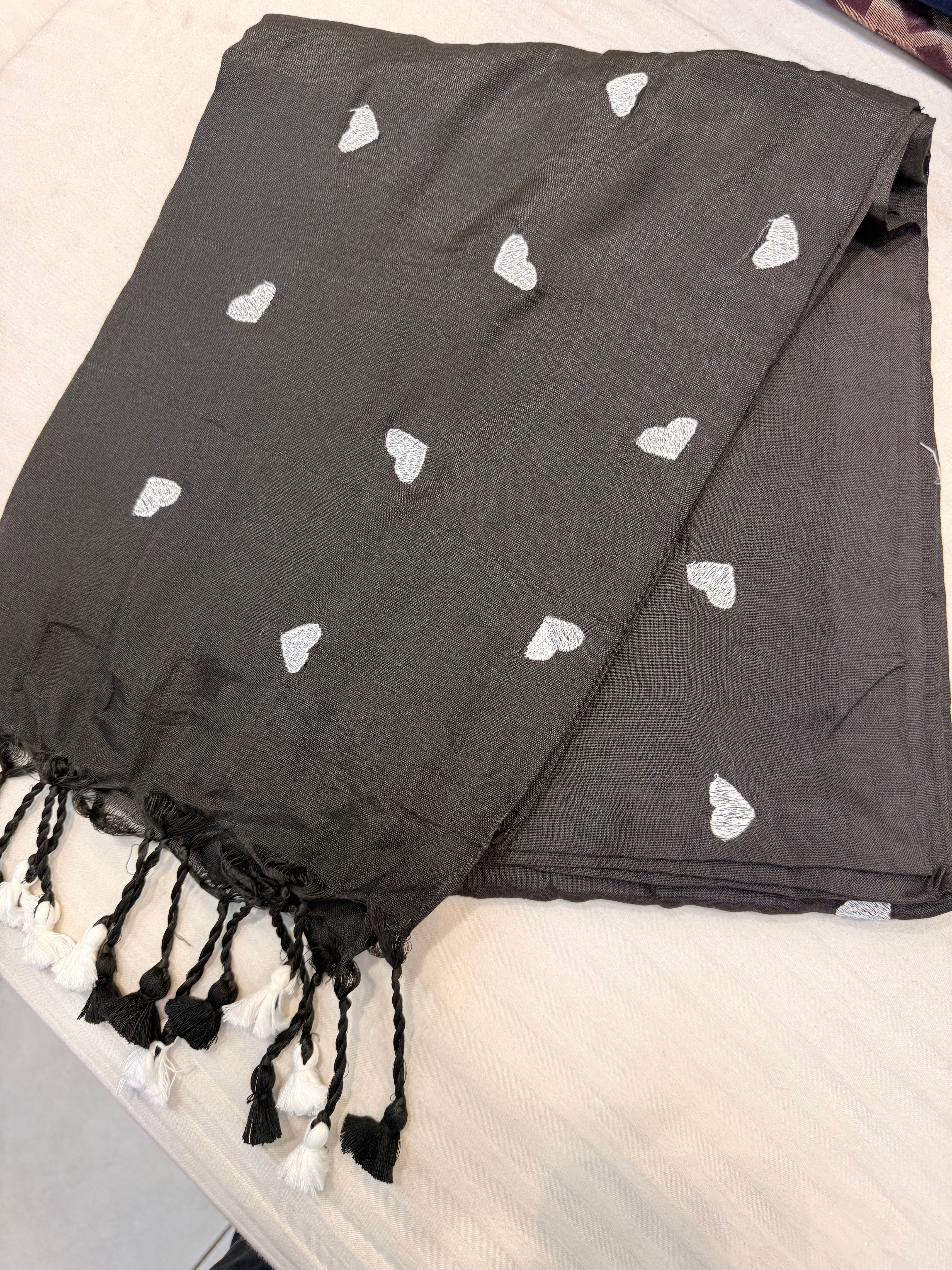 Black Cotton Saree with White Heart