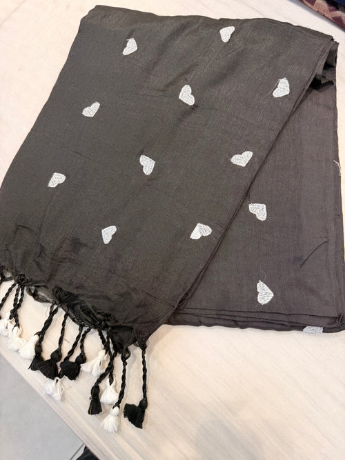 Black Cotton Saree with White Heart