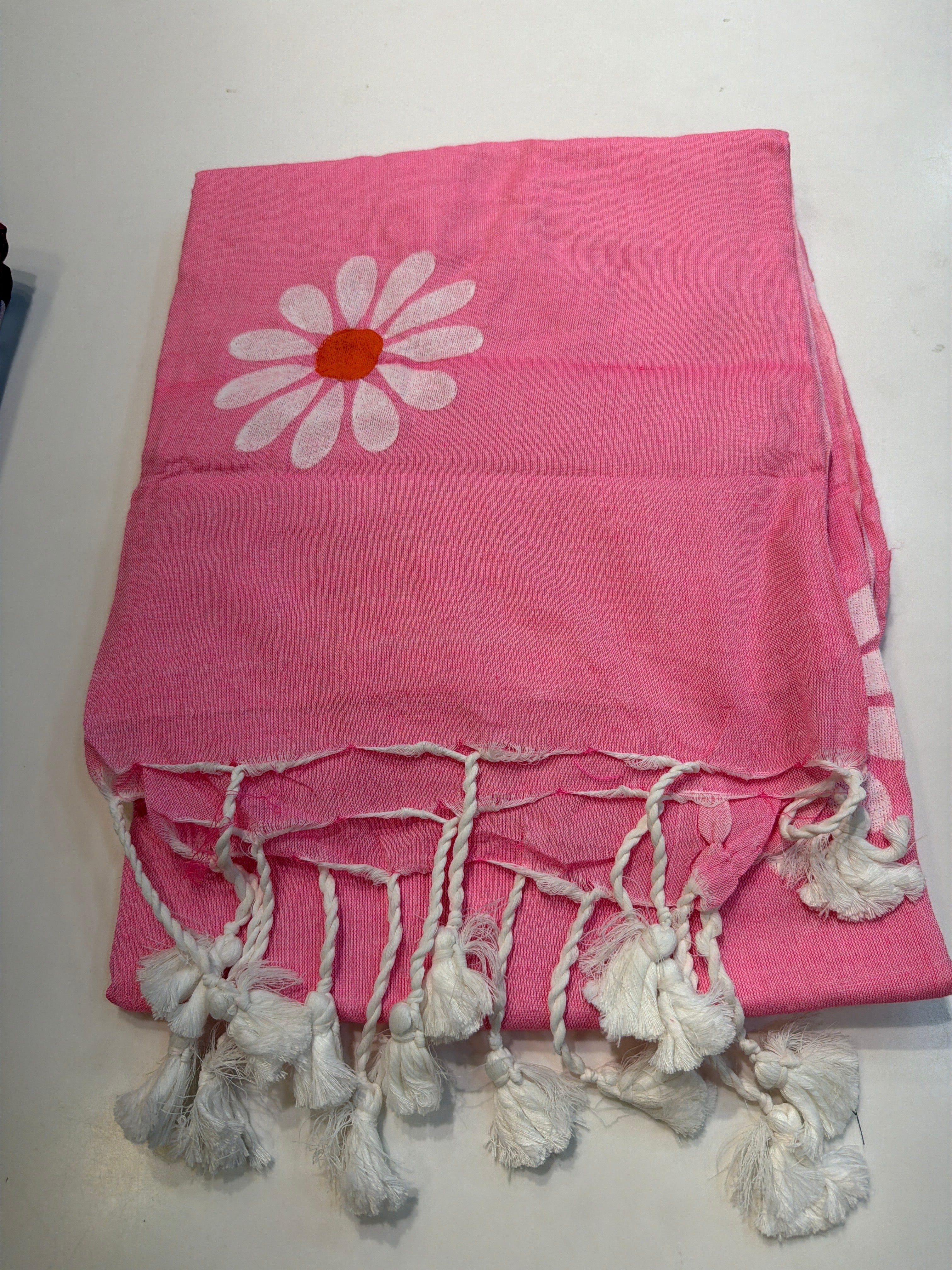 Baby Pink Floral Printed Cotton Saree